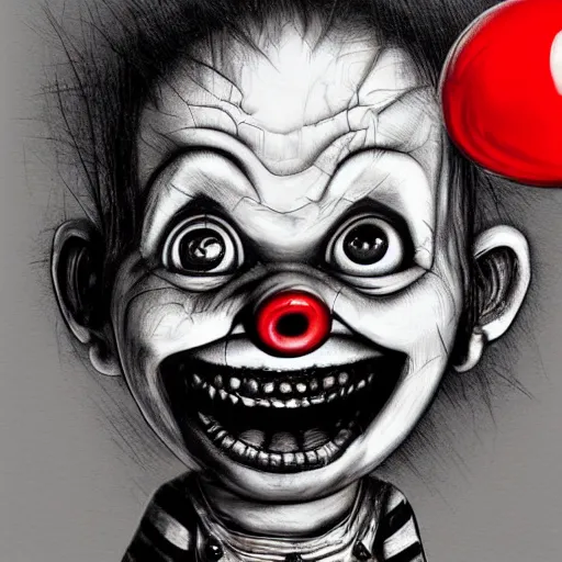 Prompt: surrealism grunge cartoon portrait sketch of chucky with a wide smile and a red balloon, by michael karcz, loony toons style, freddy krueger style, horror theme, detailed, elegant, intricate