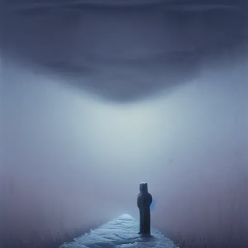 Image similar to a painting of a person standing in the snow, a surrealist painting by zdzisław beksinski and by alena aenami, deviantart, nuclear art, dystopian art, apocalypse landscape, surrealist