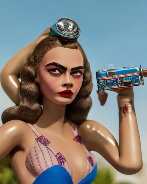 Prompt: highly detailed closeup, face profile portrait of a tin toy retro 1 9 5 0 s cara delevingne, bikini, depth of field, zeiss lens, fashion photoshoot by max fleischer, breathtaking, detailed and intricate environment, 8 k resolution, extremely detailed, beautiful, establishing shot, artistic, hyperrealistic, octane render