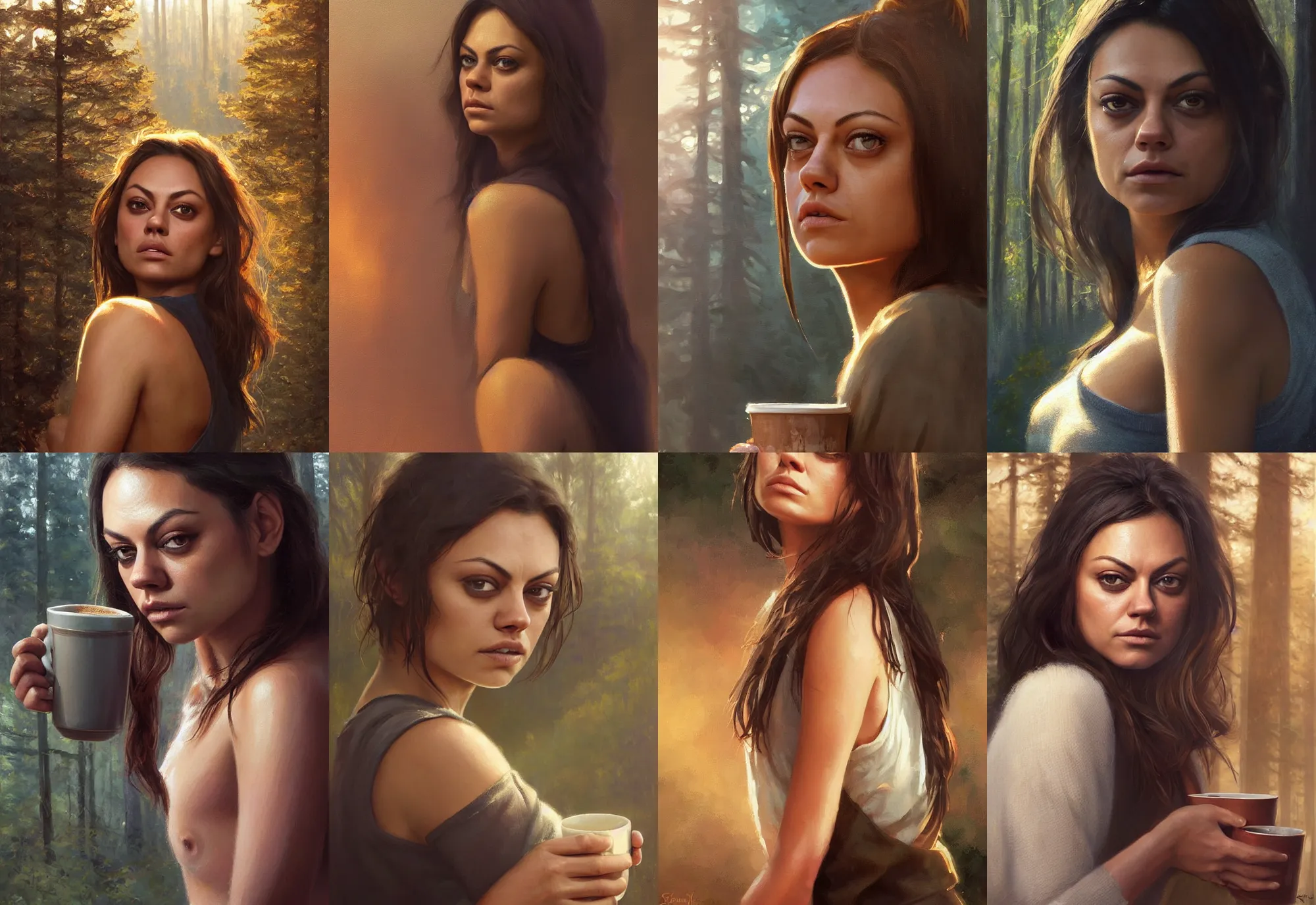 Image similar to close portrait of sleepy mila kunis waking up with coffee, dramatic light, morning golden hour, forest cabin background, 2 0 0 mm focal length, painted by stanley lau, painted by greg rutkowski, painted by stanley artgerm, digital art, trending on artstation