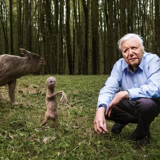 Image similar to David Attenborough with a terrifying creature, Canon EOS R3, f/1.4, ISO 200, 1/160s, 8K, RAW, unedited, symmetrical balance, in-frame