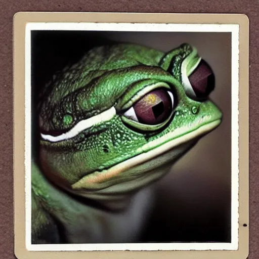 Image similar to pepe the frog, realistic old photograph, polaroid