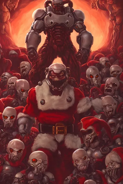 Prompt: ( doom ) cover featuring santa!! claus!! surrounded by demons, by jimmy presler, artstation, vivid gaze, brown eyes