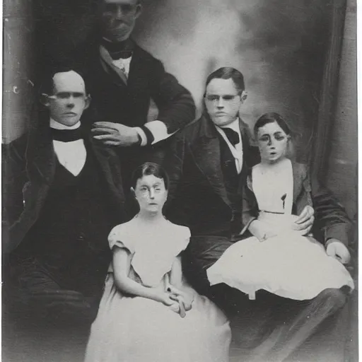 Prompt: vintage photograph of wealthy victorian mansion with family, ghost images and ectoplasm in the background, ghost hunting photograph