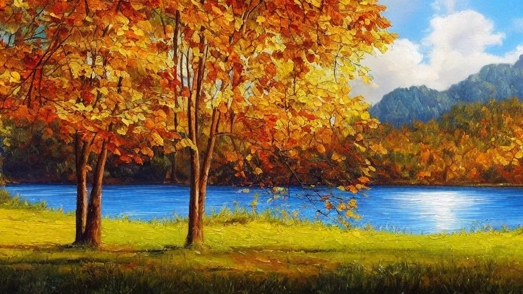 Image similar to beautiful panoramic landscape, oil painting, trees surrounding the reflective waters of a lake, gentle cloud cover and the sunbeams are falling through the gaps, the trees around have leaves the color of autumn,, by bob ross
