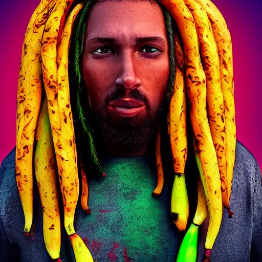 Image similar to photorealistic humanoid rasta banana. hyperdetailed photorealism, 1 0 8 megapixels, amazing depth, glowing rich colors, powerful imagery, psychedelic overtones, 3 d finalrender, 3 d shading, cinematic lighting, artstation concept art