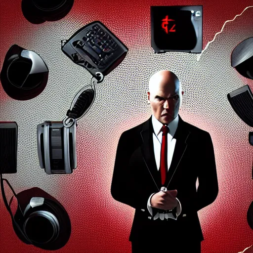 Image similar to agent 4 7 from hitman wearing headphones and listening to music in front of large stereo speakers surrounded by cables, black background, red rim light, highly detailed, smooth, sharp focus, art by ali kiani amin