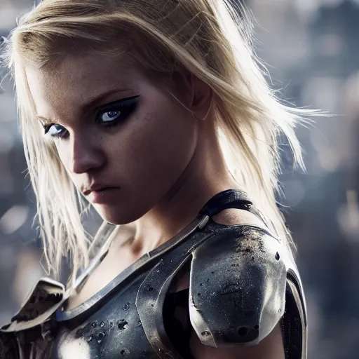 Image similar to beautiful blond cyborg girl in full battle gear in a destroyed city, moody lighting, 8 k, shallow depth of field, cinematic lighting,