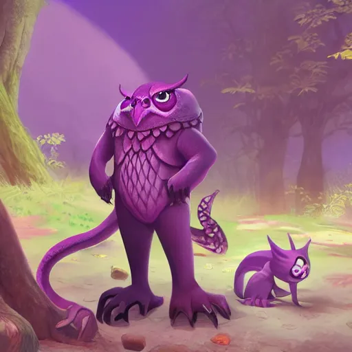 Image similar to concept art painting of an anthropomorphic purple creature with reptile and owl features, in the deep forest, realistic, detailed, cel shaded, in the style of makoto shinkai and greg rutkowski and james gurney