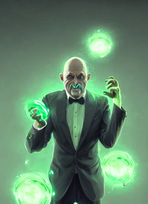 Prompt: a highly detailed illustration of bald old man wearing suit with green glowing eyes charging energy ball, nuclear symbol pupils, dramatic standing pose, intricate, elegant, highly detailed, centered, digital painting, artstation, concept art, smooth, sharp focus, league of legends concept art, wlop.