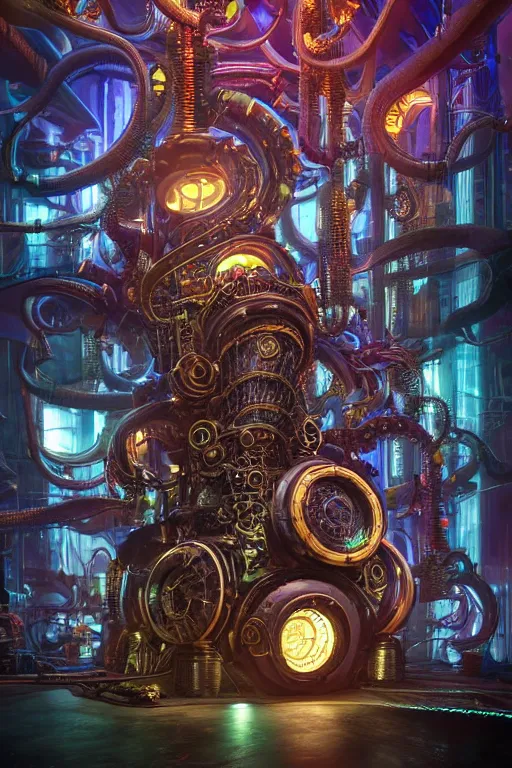 Image similar to portrait of humongous cyberpunk octopus inside a huge steampunk engine, symmetric, body full glowing vacuum tubes, realistic digital art, 3 d render of futuristic steampunk generators, 8 k, fluorescent colors, halluzinogenic, multicolored, exaggerated detailed, unreal engine