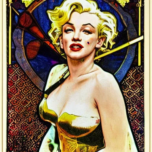 Prompt: realistic detailed portrait of Marilyn Monroe as Joan of Arc, armoured , painted by Mucha , lithograph, Art Nouveau, decorative borders