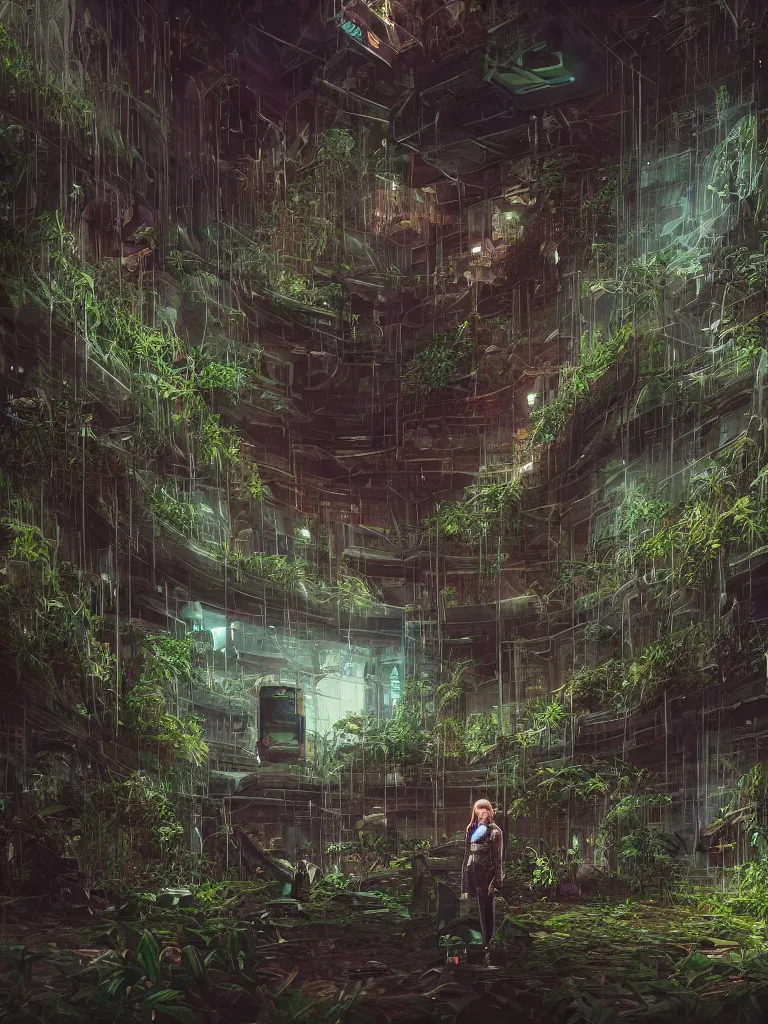 Prompt: portrait of a stranger, lost in a hall of a cyberpunk megacomplex overgrown by strange plants; hyperrealistic, 4K wallpaper, cinematic lighting, highly detailed and beautiful