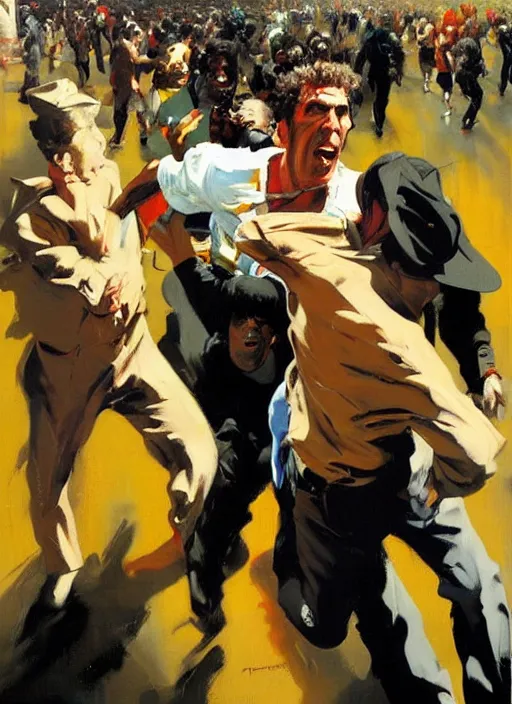 Prompt: 'kramer!! michael richards running from crowd of black people, painting by phil hale, 'action lines'!!!, graphic style, visible brushstrokes, motion blur, blurry