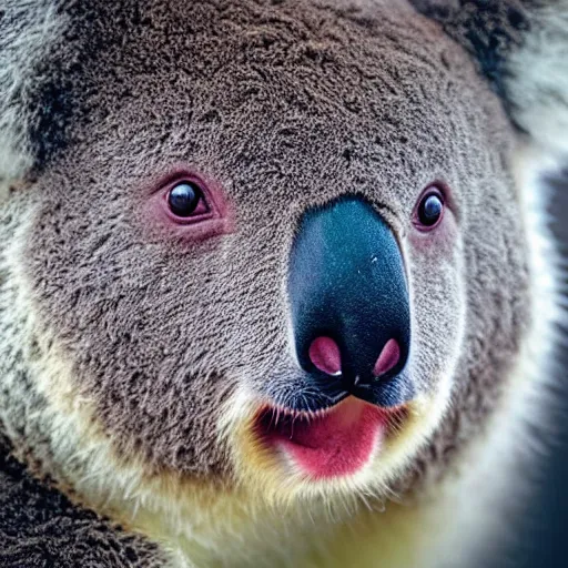 Image similar to Koala Bear, human facial features, fumanchu stache, fearsome stare