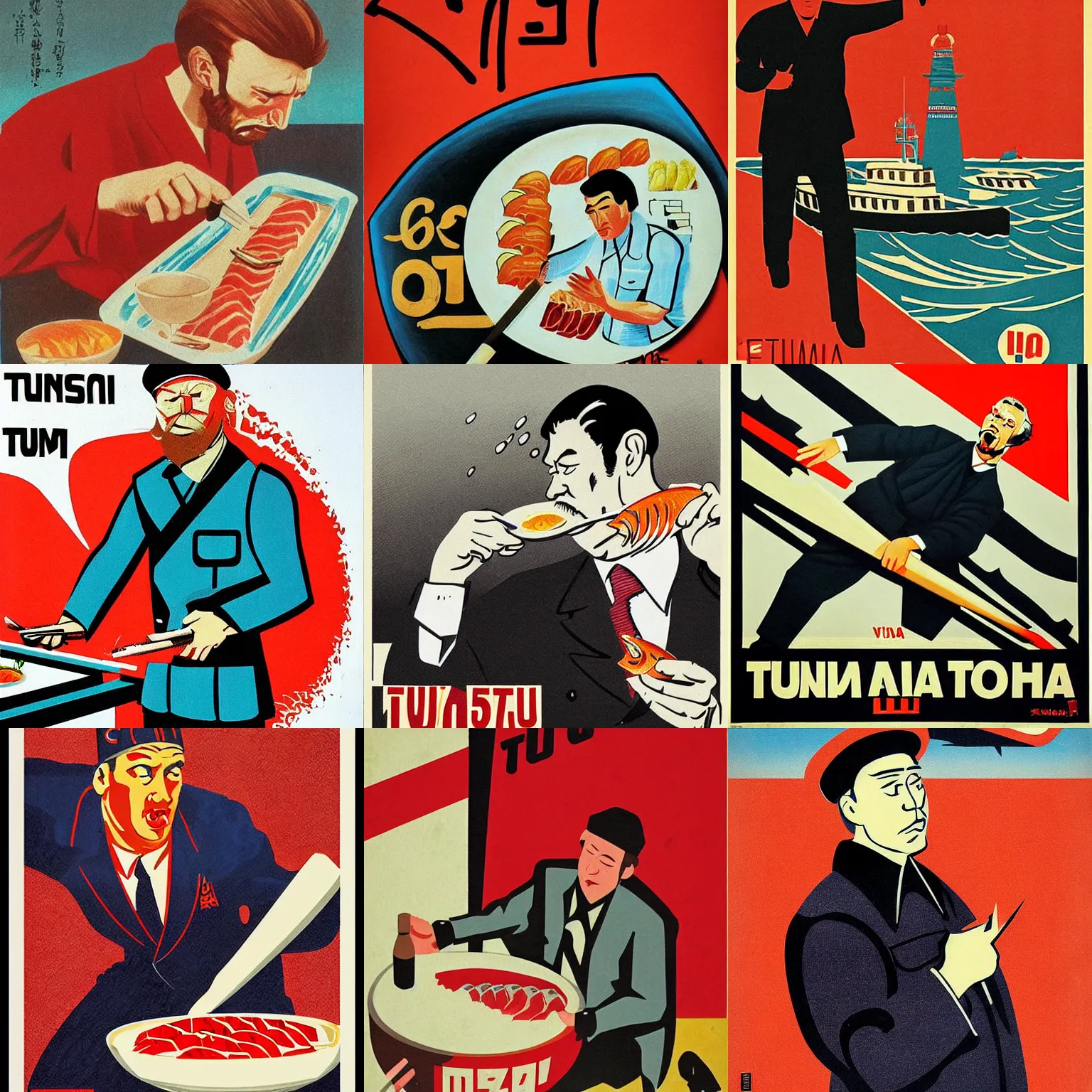 Prompt: het! soviet man refusing tuna sushi, soviet propaganda, poster, by viktor govorkov, iconic, nyet!