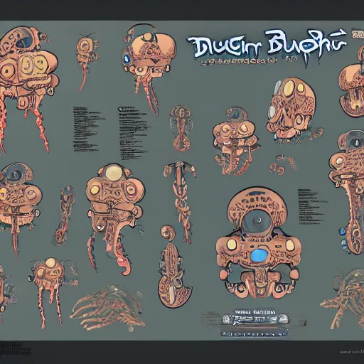 Image similar to official character sheets for an old dumbo squid biomech, digital 2 d screen smiley robot face, mechanical heart in center, covered in coral and barnacles, worn stickers, scratches, damage, art by tim schafer black velvetopia art for psychonauts from double fine studios, art by splatoon from nintendo, black light rave, adult character, apocalypse