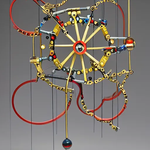 Prompt: a mechanical kinetic sculpture made of painted wood blocks brass sheet steel wire acrylic marbles electric motors chain and sprockets. by arthur ganson, by alexander calder. gallery photograph.
