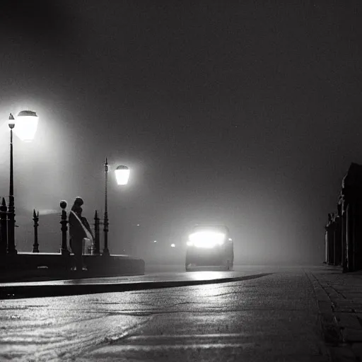 Image similar to a night city scene of edinburgh, scattered low fog, street lights, sole person, by david burton