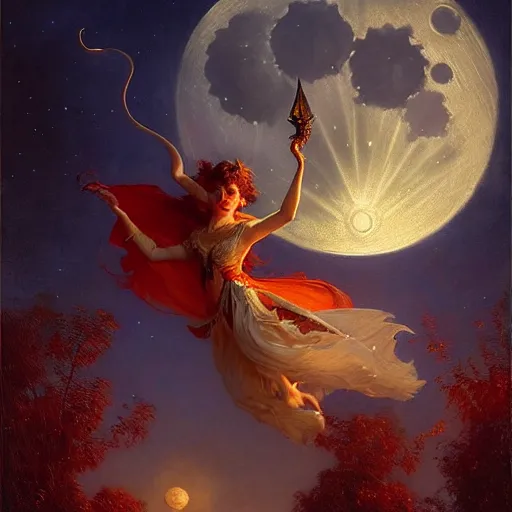 Image similar to attractive witch magically flying trough the night, fantasy, full moon in background. highly detailed painting by gaston bussiere, craig mullins, j. c. leyendecker 8 k