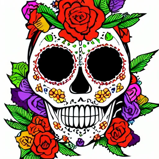 Prompt: a catrina skull covered in flowers, colorful illustration