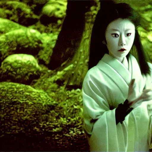 Prompt: a film still of an unsettling but beautiful female yokai haunting the depths of a Japanese forest, lighting by sven nykvist