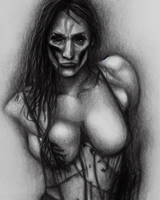 Image similar to A beautiful woman warrior, faded background of a pirate ship at a deserted island, realism pencil drawing on white paper, bald lines