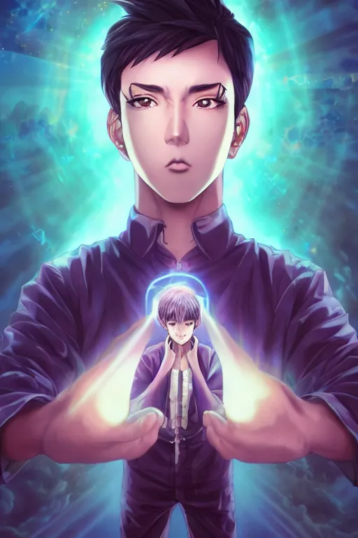 Image similar to full body portrait of anime manga guy emitting psychic powers, straight on, by artgerm, james jean, tom bagshaw, gerald brom, vaporwave colors, lofi colors, vaporwave, lofi, goth vibe, 4 k, smooth, hd, substance designer render, full body character concept art, perfect face, detailed face, symmetrical,