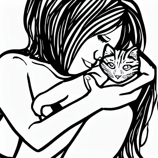 Prompt: simple line art of a woman cuddling a cat