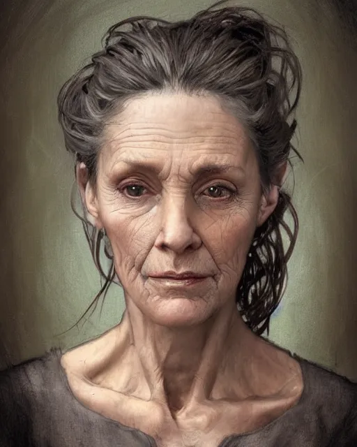Image similar to portrait 6 0 - year - old woman, tall, severe - looking, with dark hair tied up in a bun, hyper realistic face, beautiful eyes, fantasy art, in the style of greg rutkowski, intricate, alphonse mucha, hyper detailed, smooth