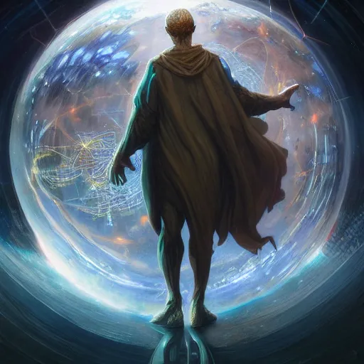 Image similar to the creator of worlds wearing a cloak and holding a holographic planet projection in his hand, detailed, sci - fi, digital painting, artstation, sharp focus, illustration, ominous, artgerm, tomasz alen kopera, peter mohrbacher, donato giancola, joseph christian leyendecker, wlop, frank frazetta