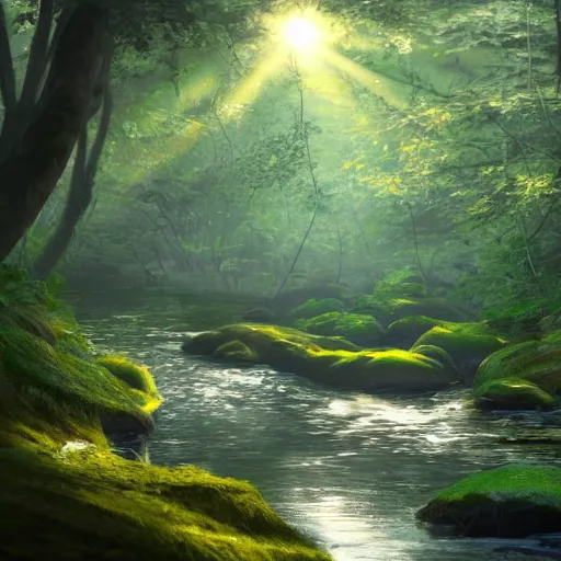 Image similar to a winding river through a dense forest, sunlight filtering through the leaves, trending on artstation