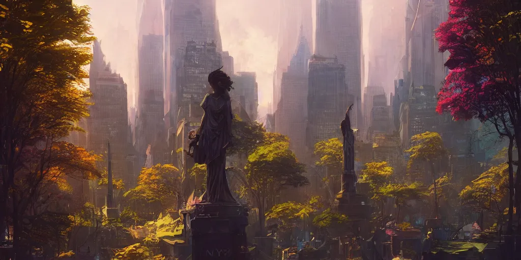 Image similar to a fantasy solarpunk statue of new york city, landscape illustration by greg rutkowski, bright sunlight, sun glints, vivid and colorful trees and plants and flowers, smooth digital concept art, 4 k, trending on artstation