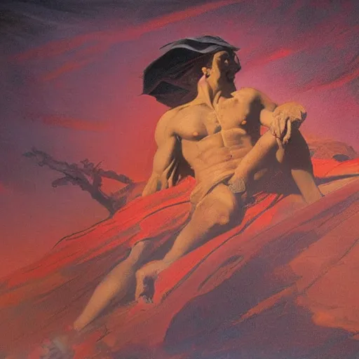 Prompt: Silk sheet intercession desert the tempest male Bedouin under crimson azure diamond sky, in the style of Frank Frazetta, Jeff Easley, Caravaggio, extremely clear faces coherent, clear lines, 8K revolution