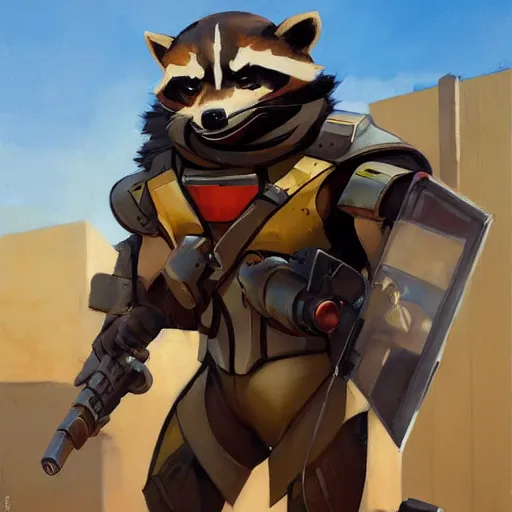 Image similar to greg manchess portrait painting of armored rocket raccoon as overwatch character, medium shot, asymmetrical, profile picture, organic painting, sunny day, matte painting, bold shapes, hard edges, street art, trending on artstation, by huang guangjian and gil elvgren and sachin teng