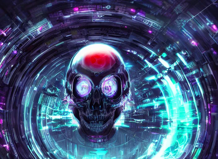 Image similar to a futuristic skull with glowing eyes and a wormhole tunnel, cyberpunk art by android jones, artstation hd, computer art, darksynth, synthwave, rendered in cinema 4 d