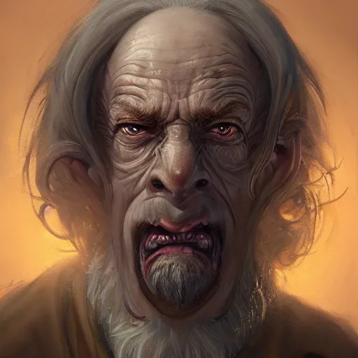 Image similar to a detailed matte head - on portrait painting of an ugly old hobbit man, with a large scar and missing teeth portrait by charlie bowater, lise deharme, wlop, tending on arstation, dungeons and dragon, dnd, pathfinder, fanart, oil on canvas