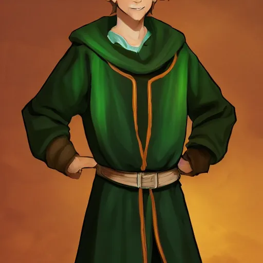 Prompt: A portrait of a adolescent male half-elf wizard who is tall and slim, short brown hair, smiling, deep green eyes, green shirt, college, learning, robes, staff, focus on face, sharp focus, highly detailed, photograph, cinematic, dynamic lighting, trending on artstation.
