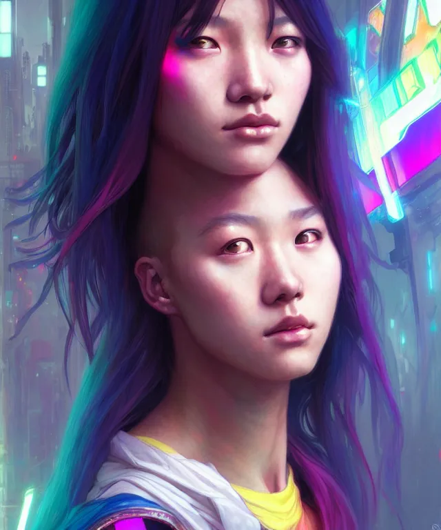 Prompt: Cyberpunk teenage girl, portrait, Asian features, face, rainbow coloured hair intricate, elegant, highly detailed, digital painting, artstation, concept art, smooth, sharp focus, illustration, art by artgerm and greg rutkowski and alphonse mucha