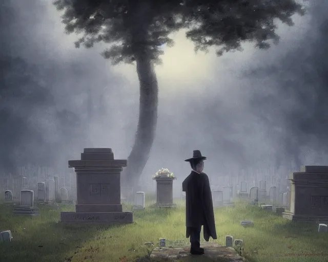 Image similar to a 50 year old brunnete chinese man Standing at a funeral in a cemetery next to the grim reaper, horror scene, dramatic, anime art, Greg Rutkowski, studio ghibli, dramatic lighting