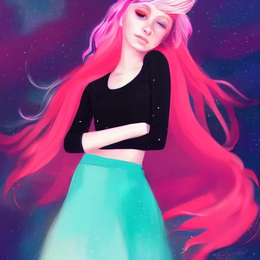 Image similar to colorful and festive captivating teenager girl with pink hair, cyan top crop, black skirt, black leggings, cute look. rich vivid colors, ambient lighting, dynamic lighting, 4 k, atmospheric lighting, painted, intricate, highly detailed by charlie bowater