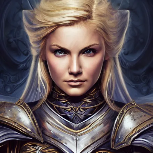 Prompt: head-on centered symmetrical painted portrait, Elisha Cuthbert as a paladin, blonde hair, Rare Steel armour, dramatic lighting, intricate, fantasy, intricate, elegant, highly detailed, digital painting, smooth, sharp focus, illustration, dramatic lighting, artstation, in the style of Artgerm and Anna Podedworna