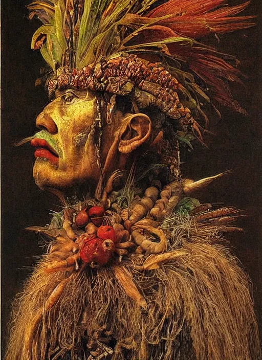 Prompt: a surreal painting of a shaman's profile face, by Giuseppe Arcimboldo, symbolist, soft colors, dramatic lighting, smooth, sharp focus, extremely detailed, aesthetically pleasing composition