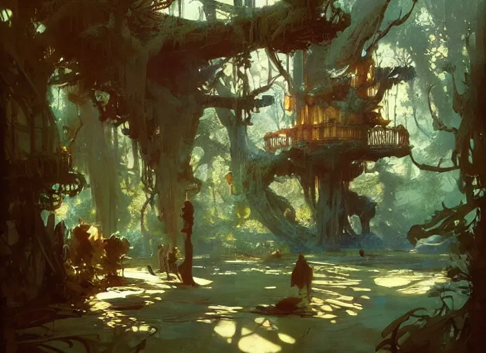 Image similar to treehouse interior, intricate, elegant, highly detailed, vivid colors, john harris, frazetta, tyrus wong, ruan jia, jeffrey catherine jones