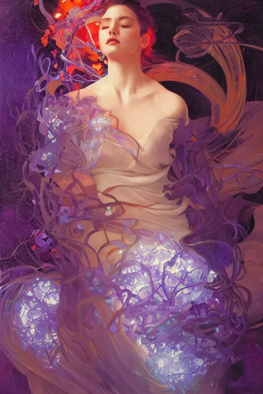 Prompt: she dreams of arcs of purple flame intertwined with glowing sparks, glinting particles of ice, dramatic lighting, steampunk, secret holographic cyphers, red flowers, bright neon solar flares, high contrast, smooth, sharp focus, art nouveau, painting by Caravaggio and ruan jia and Daytoner and Alphonse Mucha