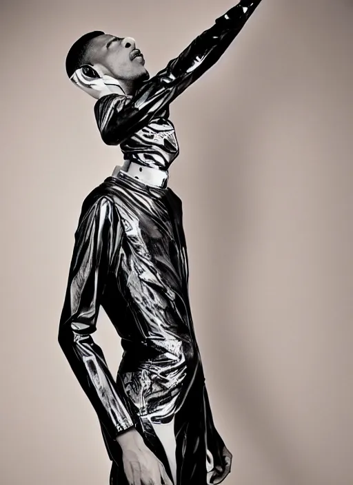 Prompt: a portrait of stromae by gilles berquet, serge lutens, wearing atsuko kudo latex outfit, photorealistic, intricate details, hyper realistic, ', photorealistic, canon r 3, photography, symmetrical features, symmetrical pose, wide angle shot, head to toe, standing pose, feet on the ground,