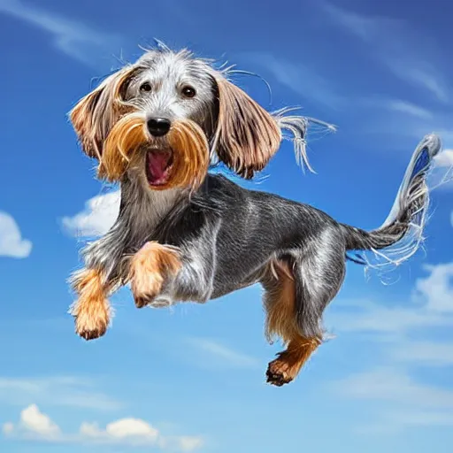 Image similar to elderly light gray wire-haired dachshund with long hair floating in heaven, jumping through blue sky, white clouds