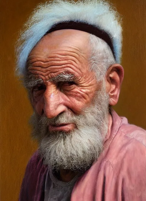 Image similar to a portrait of old man with a pink mohawk by iman maleki, punk rock, oil painting, muted colours, soft lighting