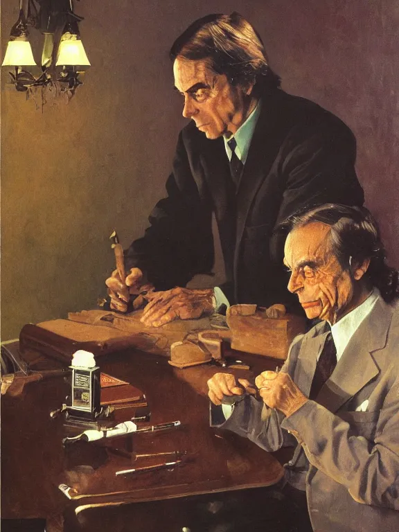 Image similar to portrait of carl sagan rolling a joint, in a style blend of norman rockwell and frederick remington and mort kunstler, oil painting, volumetric lighting, intricate details