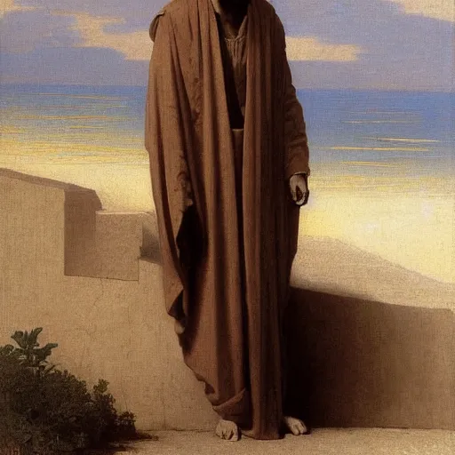 Image similar to An anthropomorphic fox in a brown robe, by bouguereau